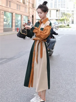 Мозайка Вязаное рокля-пуловер в контрастен цвят, Однобортное рокля с ревери и дълги ръкави, Свободни Дизайнерски рокли, Есен 2023